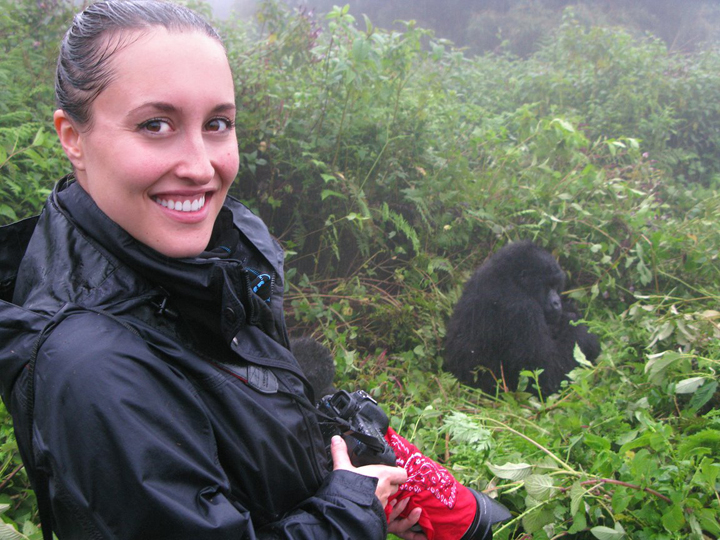 Jess Burbridge with Hirwa group in Volcanoes National Park, Rwanda.
